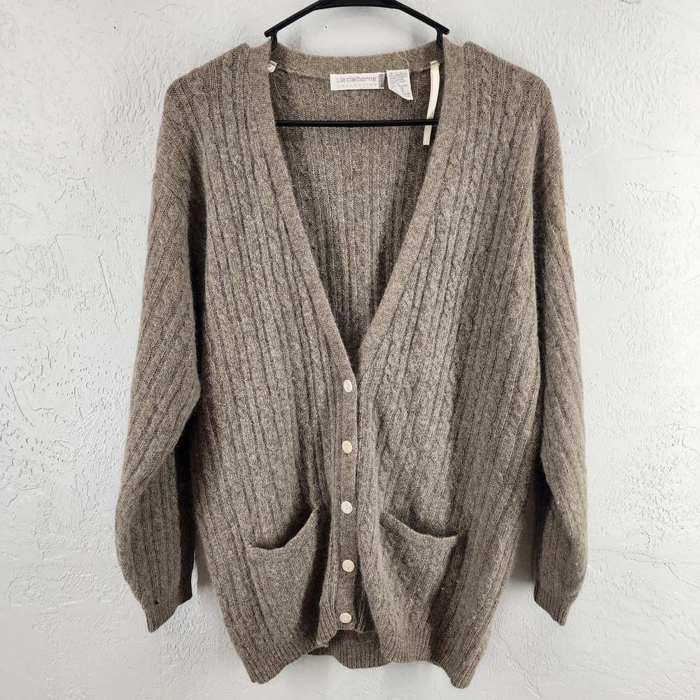 Liz Claiborne Petite Taupe Angora Lambswool Cable Knit Cardigan Sweater Women S